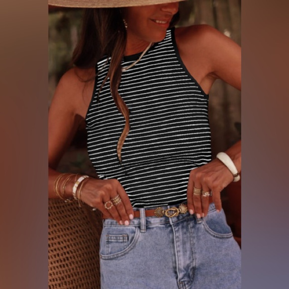Striped Black & White Halter Tank Top - Women